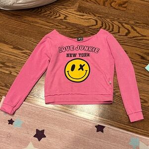 love J Pink Cropped Sweatshirt with Yellow Smiley Graphic
